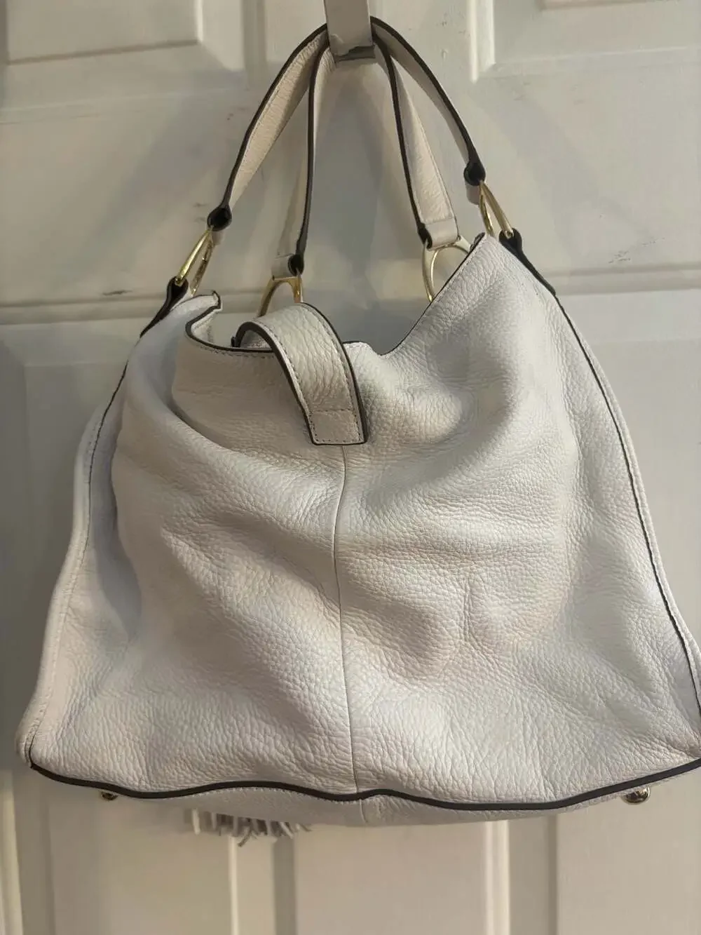 G.I.L.I. Leather Stirrup Satchel Hobo Handbag with Tassel White